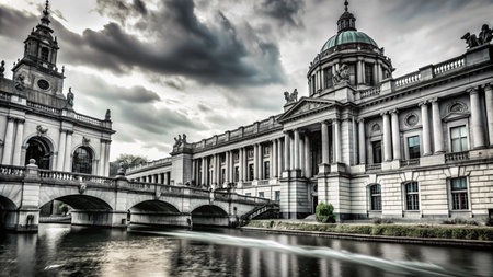 An old, white, stone building with a bridge in front, all against a cloudy sky.の素材