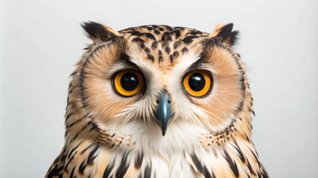 Close-up portrait of an owl with large yellow eyes and a white background.の素材