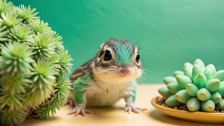 A cute, small squirrel with green fur, sitting between two succulents.の素材