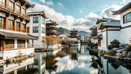 Traditional Chinese architecture with a canal and mountains in the background.の素材