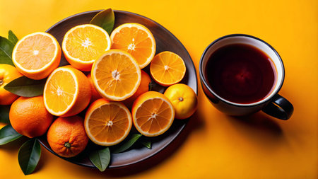 A cup of tea and a plate of oranges on a yellow background.の素材