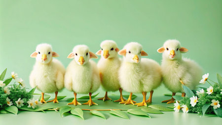 Five fluffy baby chicks standing in a row with green leaves and white flowers on a green background.の素材