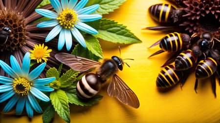 A close-up of a bee pollinating a flower surrounded by other bees, flowers, and leaves on a yellow background.の素材