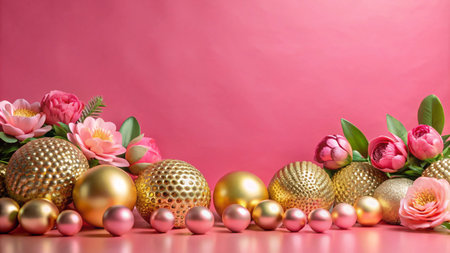 Pink and gold baubles and flowers on a pink background.の素材