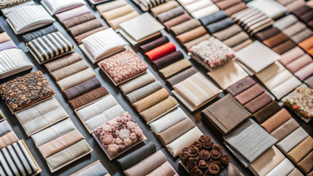 A wall of fabric swatches in a variety of colors, patterns, and textures.の素材