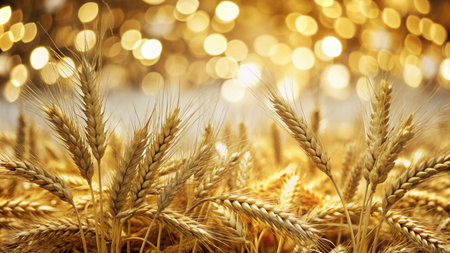 Golden wheat stalks in a field with a blurred background of lights.の素材