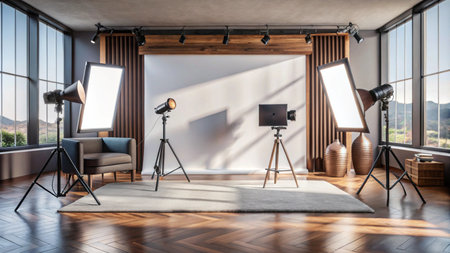 Modern photography studio with natural light, white backdrop, and lighting equipment.の素材