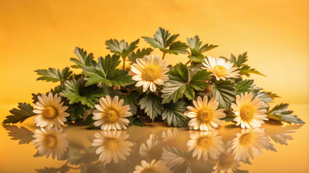 A cluster of white daisies with green leaves and a reflection on a yellow surface.の素材