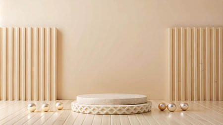 Minimalist beige podium with geometric design and wooden wall panels and floor.の素材