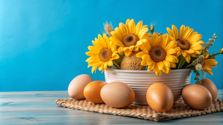 A bowl of sunflowers and brown eggs on a blue wooden table with a woven mat.の素材