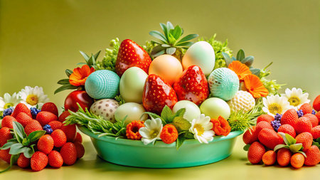 A bowl filled with colorful Easter eggs, strawberries, and spring flowers on a green background.の素材