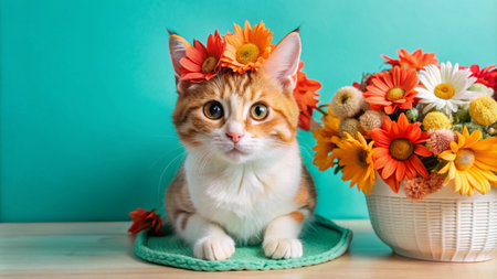 Adorable ginger kitten with orange and yellow flowers on its head, looking up with curiosity, beside a basket of flowers against a turquoise background.の素材