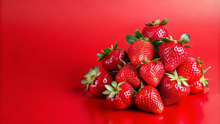 A pile of fresh, ripe strawberries on a red background.の素材