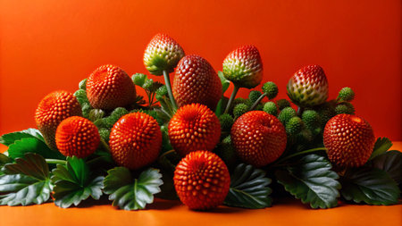 A vibrant arrangement of red and green strawflowers against an orange backdrop.の素材