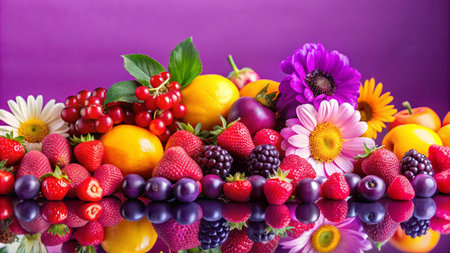 A vibrant assortment of fruits and flowers arranged on a reflective surface.の素材