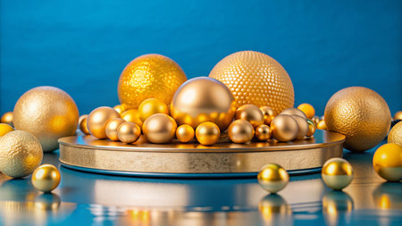 A cluster of golden spheres arranged on a circular platform against a blue background.の素材