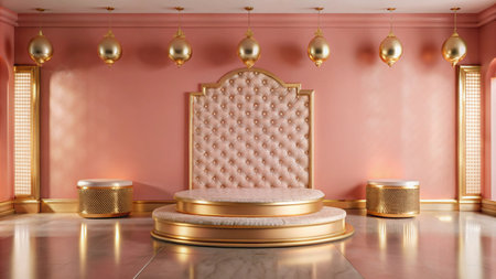 A luxurious pink and gold room with a circular platform and tufted wall.の素材