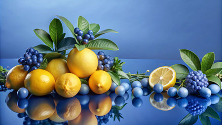 A vibrant still life featuring lemons and blueberries, arranged on a reflective surface with a blue background.の素材