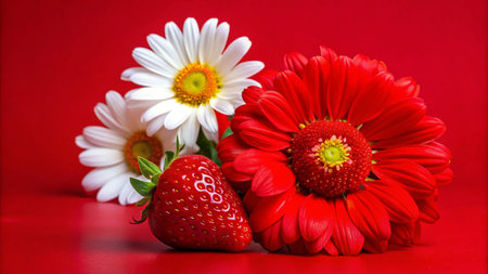 A single ripe strawberry and two flowers, a red daisy and a white daisy, on a red background.の素材