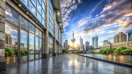 A modern cityscape with a skyscraper and reflections in a wet street after a rain shower at sunrise.の素材