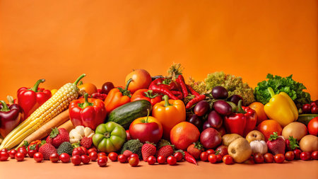 A vibrant display of fresh produce, including peppers, corn, apples, tomatoes, and strawberries, arranged on a solid orange background.の素材