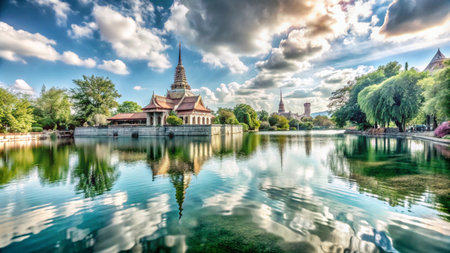 A traditional Thai temple with a golden spire reflects in a calm pond surrounded by lush green trees and a vibrant blue sky.の素材