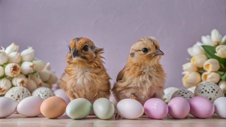 Two adorable chicks sitting amongst colorful Easter eggs and white tulips.の素材