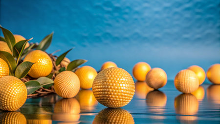 Golden Easter eggs with green leaves on a blue reflective surface.の素材
