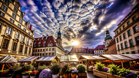 A vibrant city square with a bustling market and dramatic sky at sunset.の素材