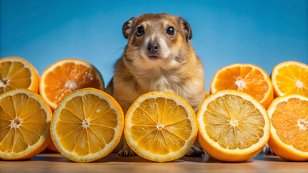 A small brown dog sits in front of a row of halved oranges, looking up with a curious expression.の素材