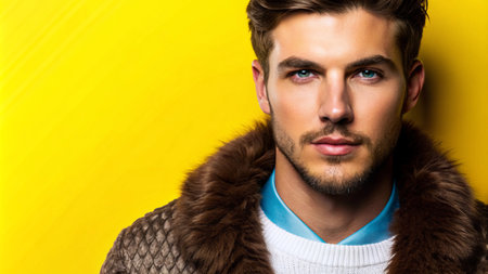 Close-up portrait of a handsome man with blue eyes and a light beard, wearing a brown fur jacket, looking directly at the camera against a yellow background.の素材
