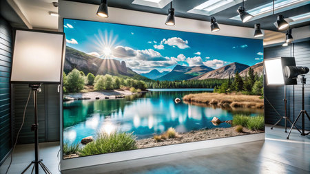 A large, high-resolution photograph of a scenic mountain lake with a bright, sunny sky displayed on a backdrop in a photography studio.の素材
