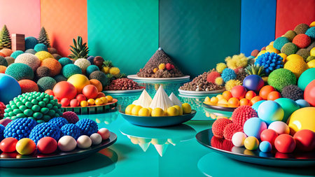 Abstract colorful 3D landscape with various shapes on plates.の素材