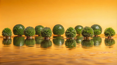 Green orbs arranged in a line, reflected in a golden surface.の素材