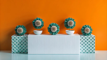 Minimalist 3D render of stylized flowers on a white platform against a bright orange background.の素材