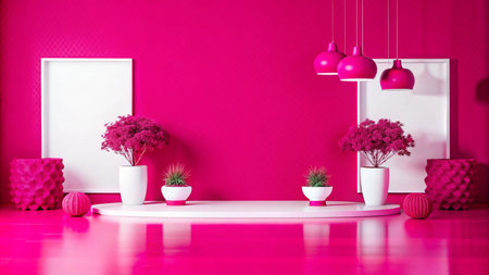 Pink minimalist room interior with white podium, plants, and frames.の素材