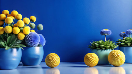 Blue and yellow flowers in pots with balls on a blue background.の素材