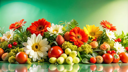 Colorful flowers and fresh fruits in a vibrant arrangement on a green background.の素材