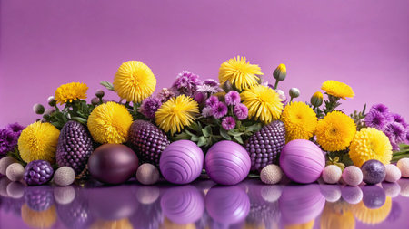 Purple and yellow Easter eggs and flowers on a purple background.の素材