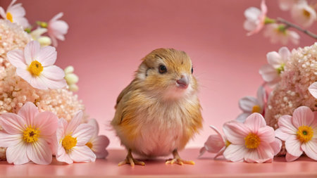 A small, fluffy brown bird with a bright pink background and flowers.の素材