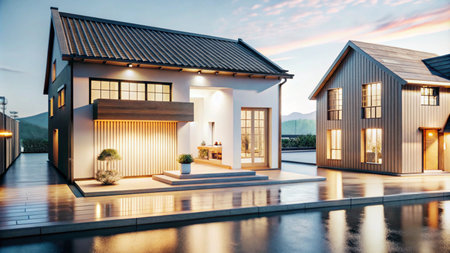 Modern, minimalist house with wooden siding and a balcony lit up at night.の素材