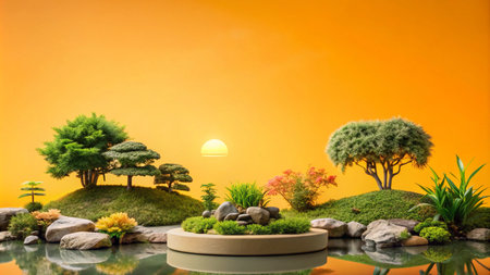 Miniature zen garden with a sunset sky and reflecting water.の素材
