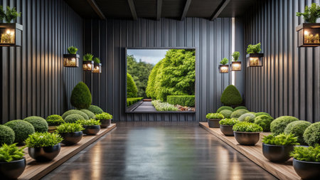 Modern interior design with a large window showcasing a lush green garden.の素材