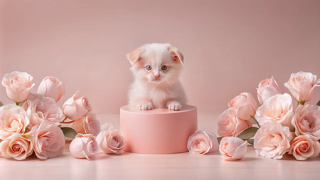 A fluffy white kitten with blue eyes sits on a pink pedestal with pink roses on each side against a pale pink background.の素材