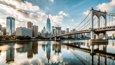 A modern cityscape with a suspension bridge and reflective water.の素材