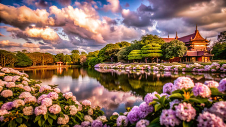 Tranquil garden with a pond and pavilion, surrounded by vibrant hydrangeas under a dramatic sky.の素材
