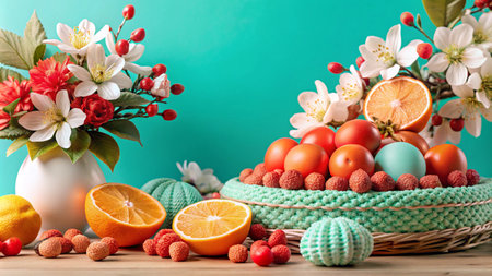 A woven basket with  fruit, flowers and eggs on a wooden table against a turquoise background.の素材