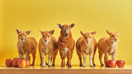Five adorable sheep standing in a row with apples in front of them on a yellow background.の素材