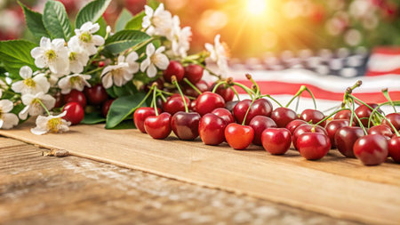 A close-up of a row of ripe cherries on a wooden table with a cherry blossom branch and an American flag in the background.の素材