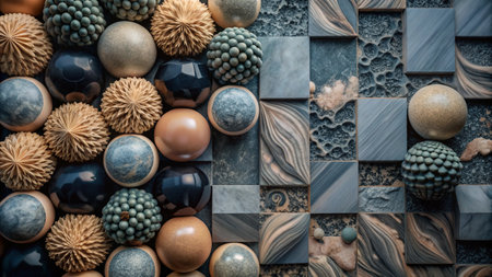 Abstract 3D design of various shapes on a checkered board.の素材